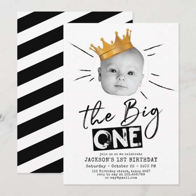 Invitation Big One First Birday Photo moderne noir blanc (Devant / Derrière)