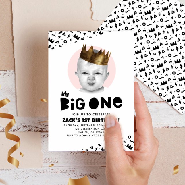 Invitation Big One First Birday Photo moderne noir blanc (Créateur téléchargé)