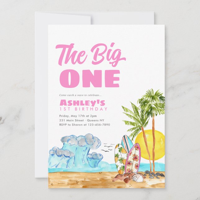 Invitation Big One Surf Waves Hot Pink Beach 1er anniversaire (Devant)