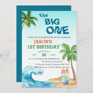 Invitation Big One Watercolor Beach Surf 1er anniversaire