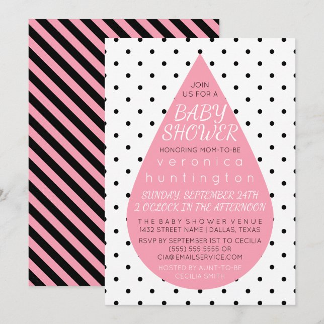 Invitation Big Raindrop & Baby shower rose Pois (Devant / Derrière)