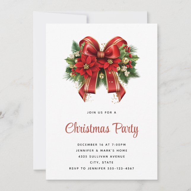 Invitation Big Red et Gold Noël Bow Fête de Noël (Devant)