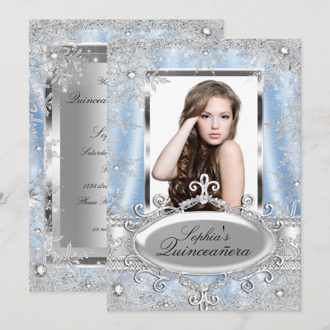 Invitation Bijou à étincelles bleu argent Quinceanera (Devant / Derrière)