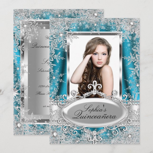 Invitation Bijou à étincelles turquoise en argent Quinceanera (Devant / Derrière)