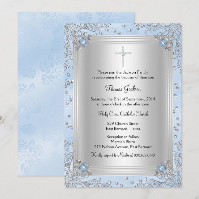 Invitation Bijou bleu étincelant Baptême/Invitation de baptêm (Devant / Derrière)