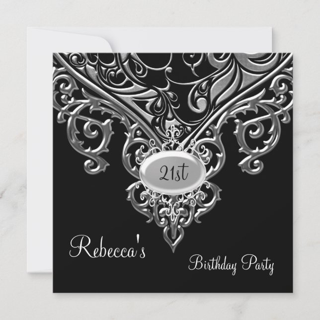 Invitation Bijou d'argent noir orné 21e anniversaire élégant  (Devant)