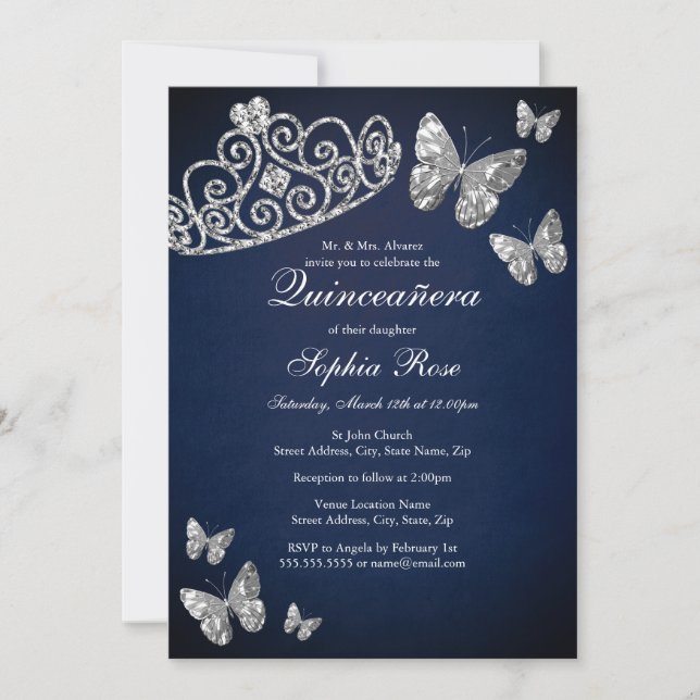 Invitation Bijou de la marine d'argent Tiara Butterfly Quince (Devant)