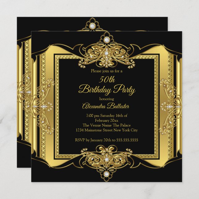 Invitation Bijou d'or Black Elegant Anniversaire Photo (Devant / Derrière)