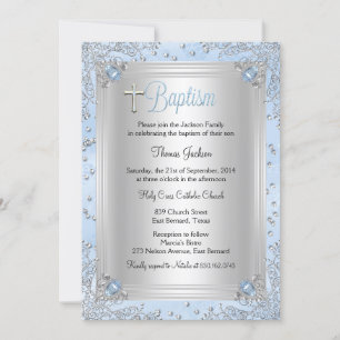 Invitation Bijou étincelant bleu Baptême Christening