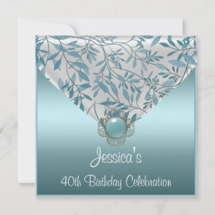 Invitation Bijou Floral Blanc Bleu Turquoise 40e Anniversaire