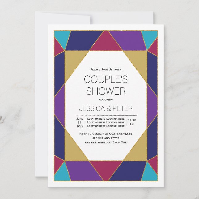 Invitation Bijou géométrique bleu violet mariage couple douch (Devant)