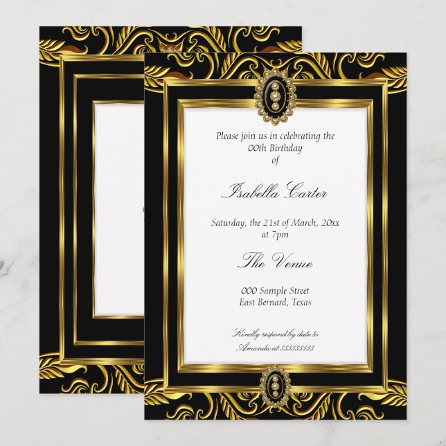 Invitation Bijou noir or baroque bijou blanc fête d'anniversa (Devant / Derrière)