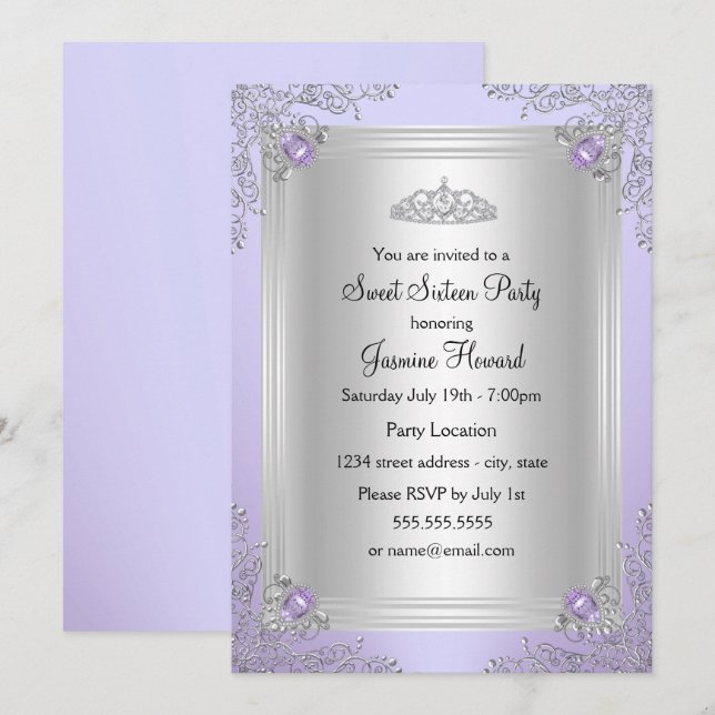 Invitation Bijou pourpre étincelant & Tiara Sweet 16 Invitati (Devant / Derrière)