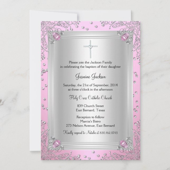 Invitation Bijou rose étincelle Baptême/Invitation Christenin (Devant)