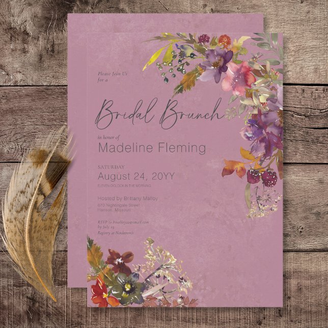 Invitation Bijou rustique Boho Tone Plum Florals Bridal Brunc (Rustic Boho Jewel Tone Plum Florals Bridal Brunch Invitation)