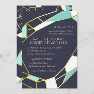 Invitation Bijoux en or   Mariage Navy & Turquoise
