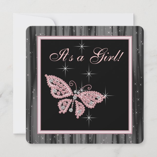 Invitation Bijoux Papillon rose noir bébé fille douche (Devant)