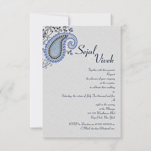 Invitation Bijoux Silver Blue Paisley Détails du Mariage hind (Devant)