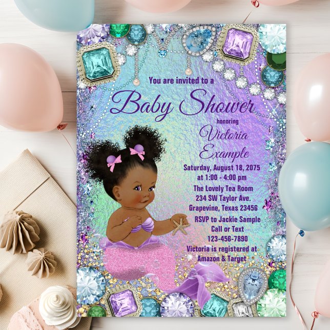 Invitation Bijoux Sirène Afro Cheveux Baby shower sirène rose (You can change all wording and text as needed on this cute any occasion mermaid invitation.)