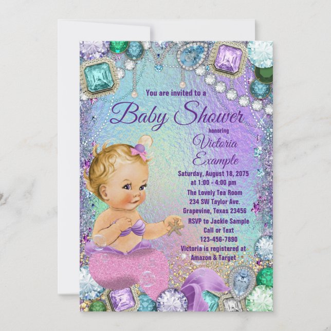Invitation Bijoux Sirène Blonde Baby shower sirène rose (Devant)