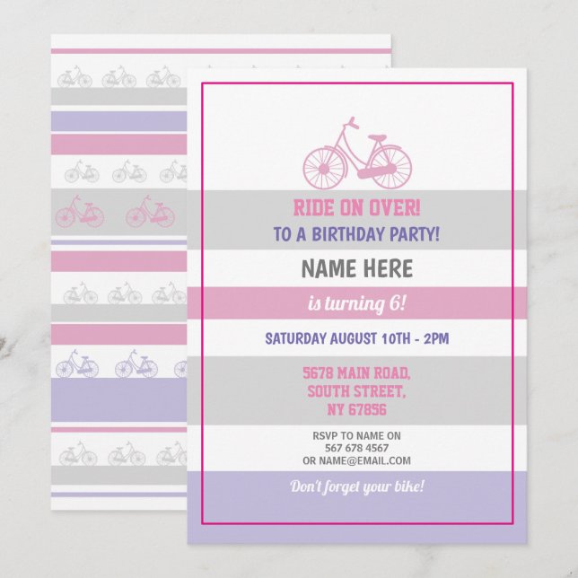 Invitation Bike Birthday Bicycle Ride Party Pink Girls (Devant / Derrière)