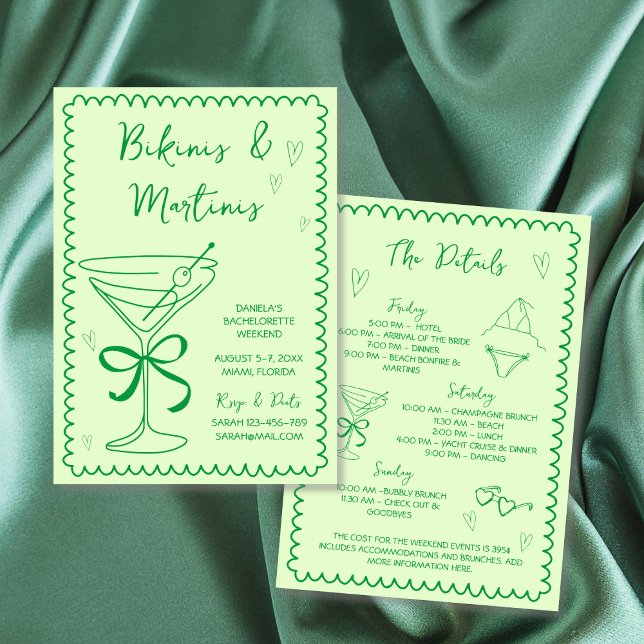 Invitation Bikinis et Martinis Green Bachelorette (Hand Drawn Bikinis & Martinis Bachelorette Weekend Invitation weekend itinerary green)