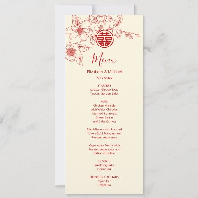 Invitation BILINGUAL Magnolia Chinese Wedding Menu Card (Devant)