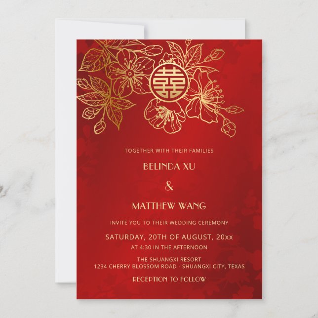 Invitation BILINGUAL Photo Rouge or Mariage chinois (Devant)