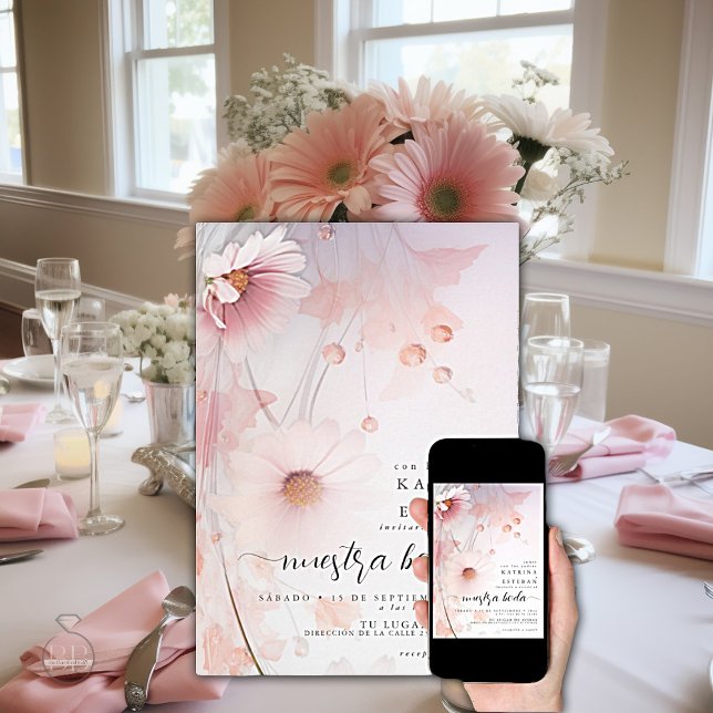 Invitation Bilingue Blush Rose Daisy / rubans rosa margarita (Créateur téléchargé)