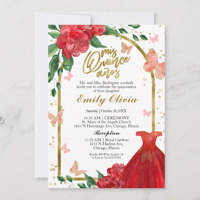 Invitation Bilingue Quinceanera Butterflys Red Gown (Devant)