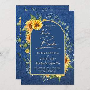 Invitation Bilingüe Rústico Azul Amarillo Girasoles Boda