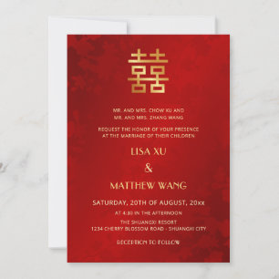 Invitation Bilingue   Simple Rouge Or Mariage Chinois