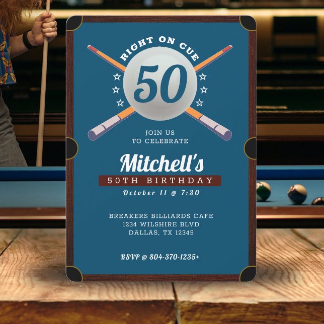 Invitation Billard de piscine 50e Anniversaire Bleu (Pool Billiards 50th Birthday Party Blue Invitation
)