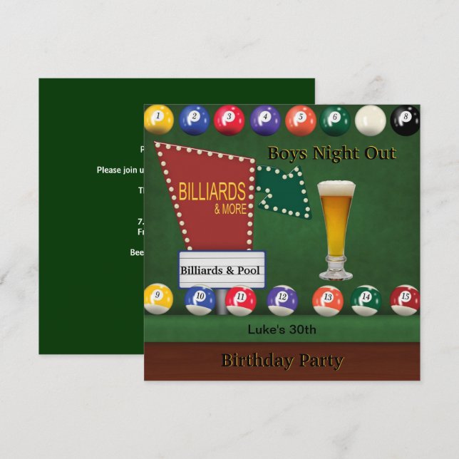 Invitation Billard Piscine Mans Bière de nuit d'anniversaire (Devant / Derrière)