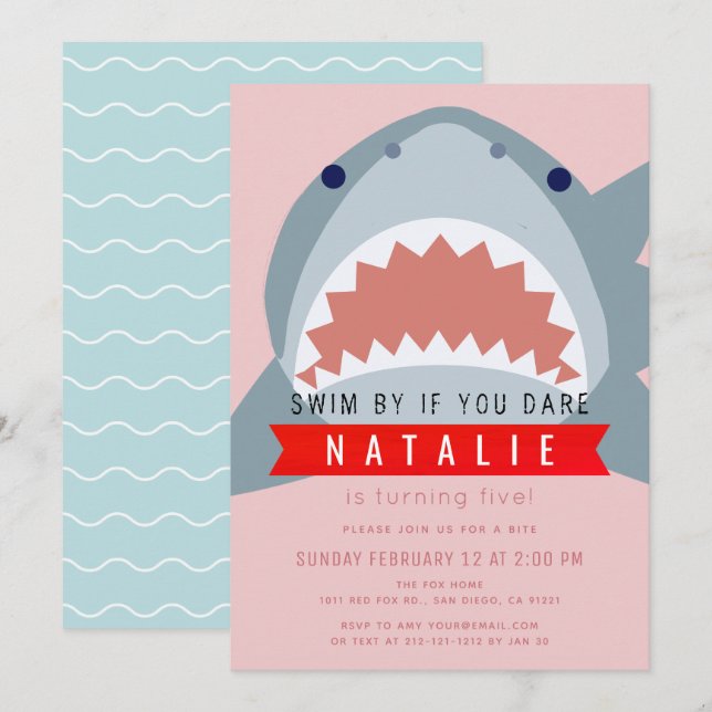 Invitation Billard rose requin Fille Anniversaire (Devant / Derrière)