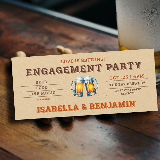 Invitation Billet à thème de la bière Couple Engagement Party (beer themed engagement party invitation brewery rustic kraft ticket festival)