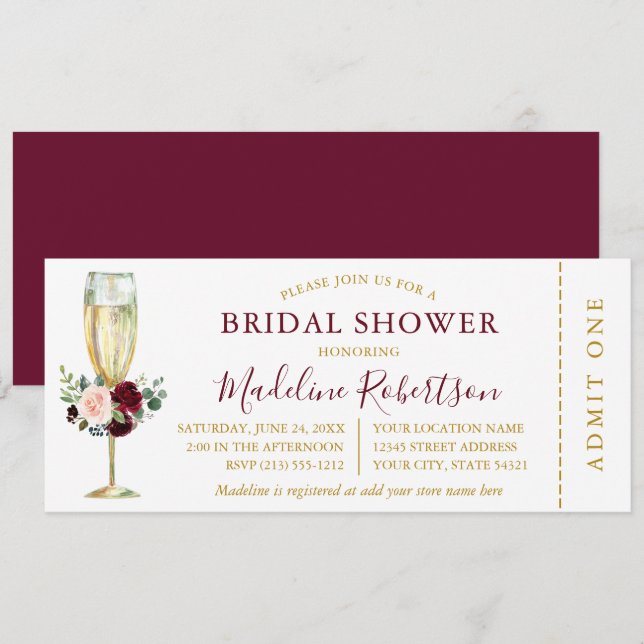 Invitation Billet Aquarelle Bourgogne Mixte Douche Florale (Devant / Derrière)