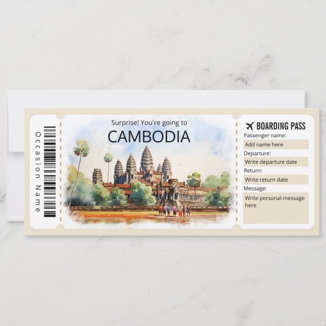Invitation Billet Avion Cambodge modifiable, Voyage Cambodge (Devant)