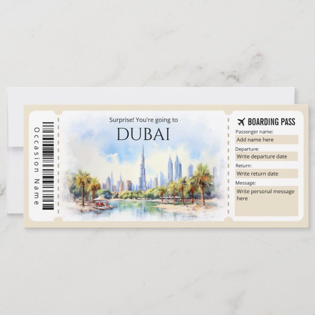 Invitation Billet avion éditable Dubai Boarding Pass (Devant)