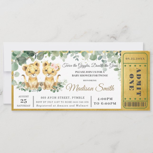 Invitation Billet Baby shower fille Lion Twins Green (Devant)