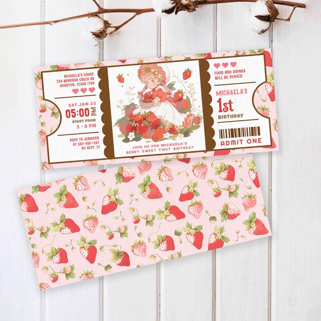 Invitation Billet Berry Sweet Strawberry 1er anniversaire (Créateur téléchargé)