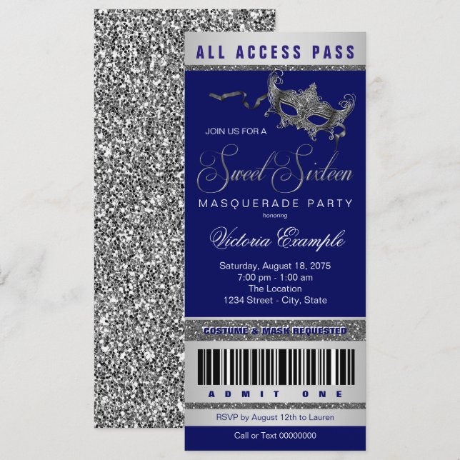 Invitation Billet Bleu Silver Sweet 16 Masquerade Party (Devant / Derrière)