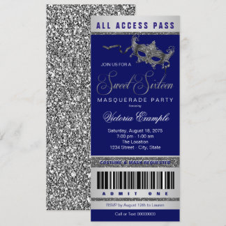 Invitation Billet Bleu Silver Sweet 16 Masquerade Party