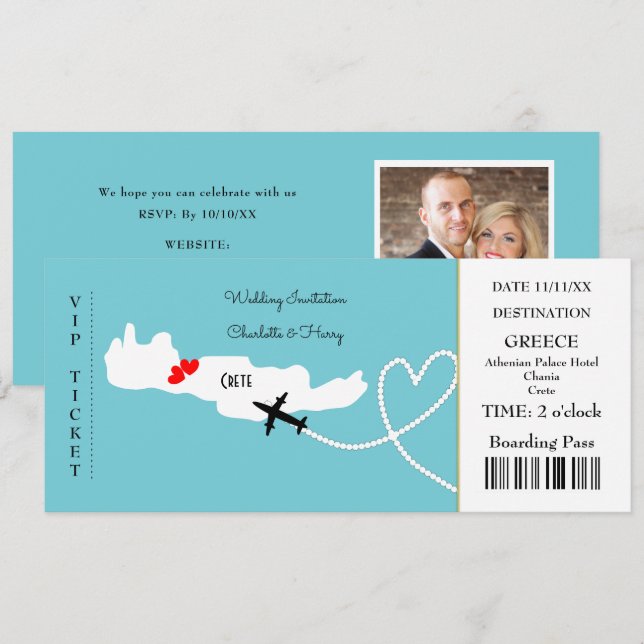 Invitation Billet Boarding Pass Mariage Destination Crète (Devant / Derrière)
