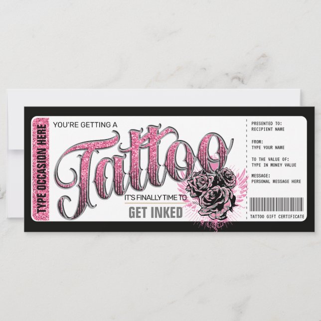 Invitation Billet cadeau Carte-cadeau Tatouage Encre Rose (Devant)