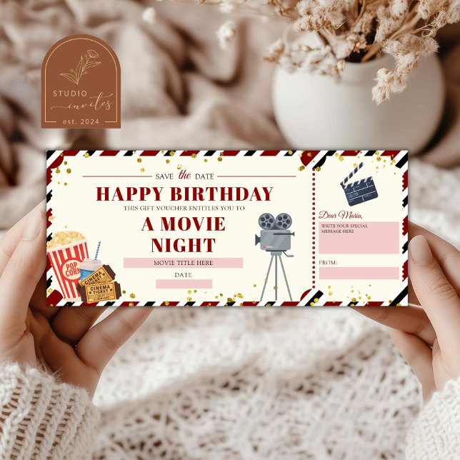 Invitation Billet cadeau de nuit pour cinéma d'anniversaire (Créateur téléchargé)