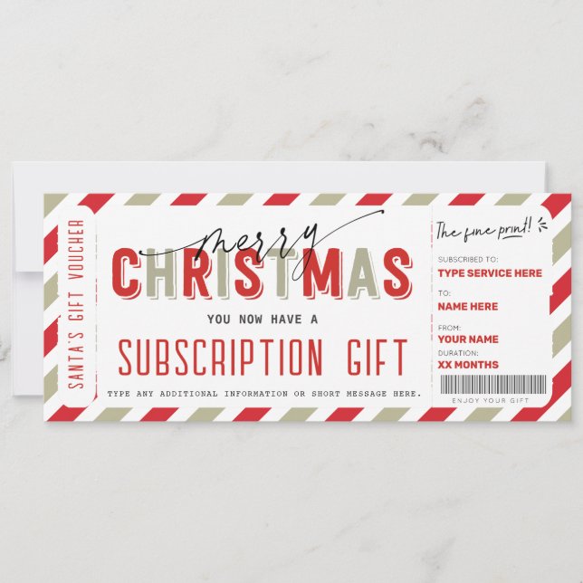 Invitation Billet cadeau de service d'abonnement Noël (Devant)