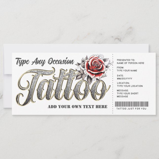 Invitation Billet cadeau de tatouage Rose personnalisable (Devant)