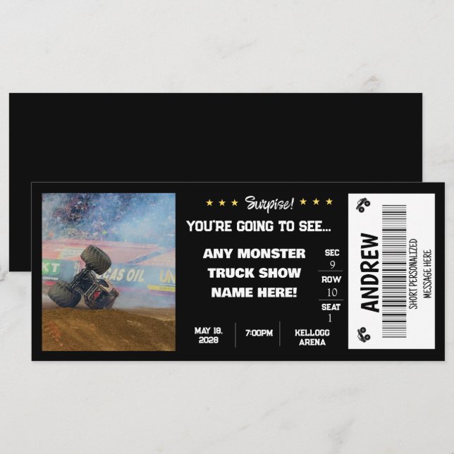 INVITATION BILLET CADEAU MONSTRE DE CAMION SURPRISE (Devant / Derrière)