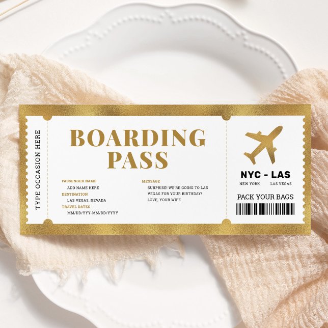 Invitation Billet cadeau pour avion surprise Gold Boarding Pa (Créateur téléchargé)